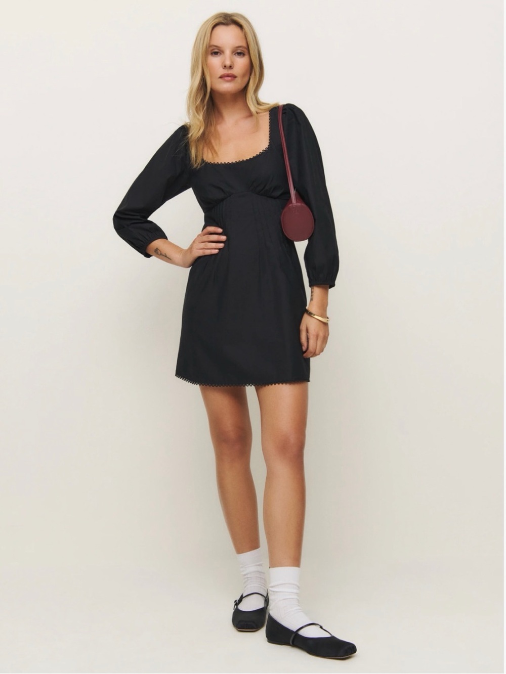 Reformation Black Square-Neck Mini Dress with Puff Sleeves